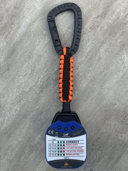 Elite Socket Tester Holder with Carabiner Clip, Paracord & R1 + R2 Link (Black & Orange)