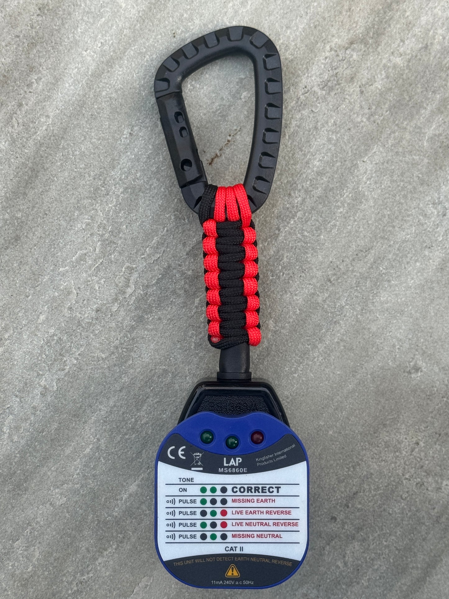Elite Socket Tester Holder with Carabiner Clip, Paracord & R1 + R2 Link (Red & Black)