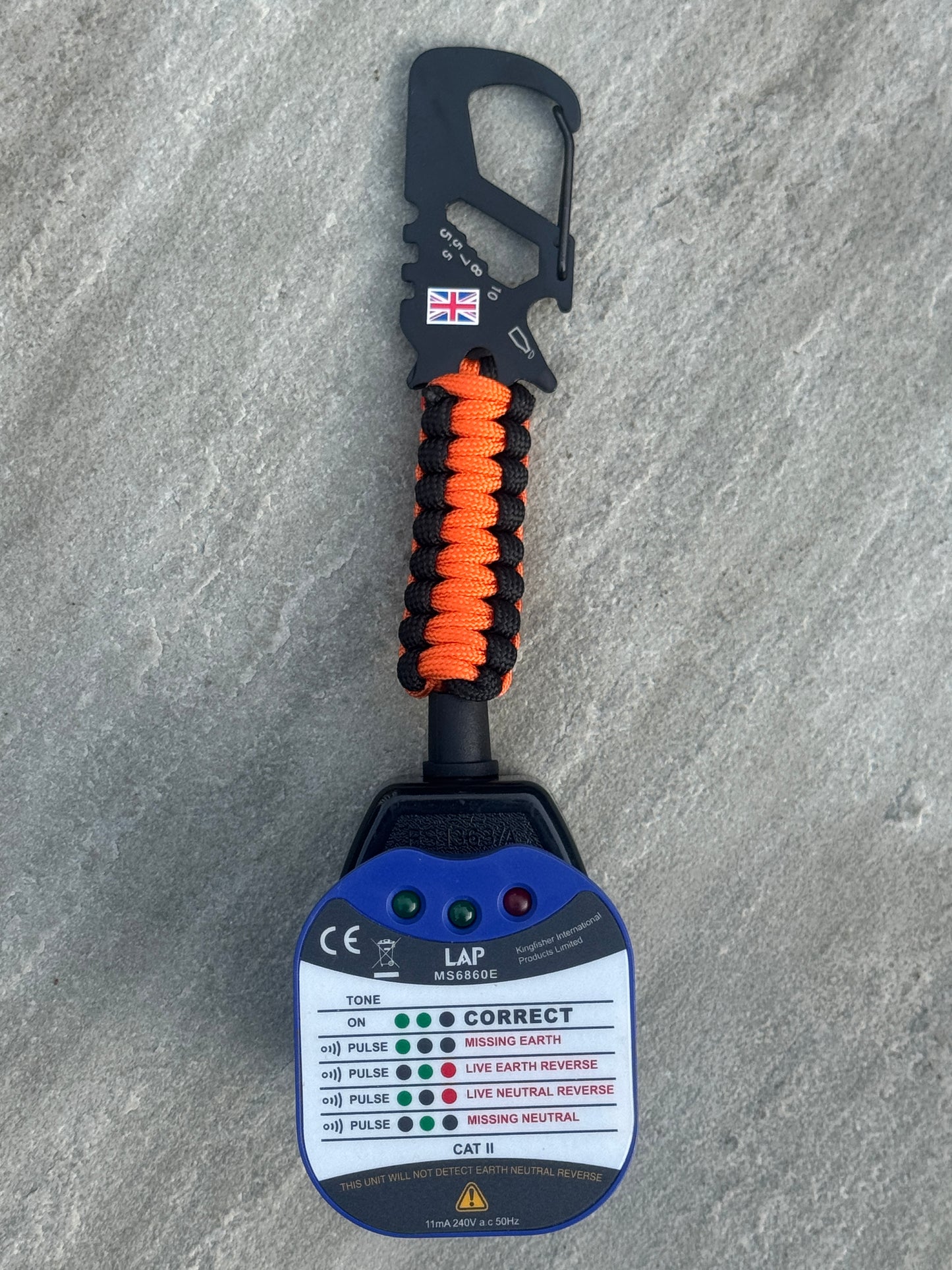 Professional Socket Tester Holder with R1 & R2 Link, Carabiner Clip, Handmade Paracord, Electrician Accessory (Black & Orange)