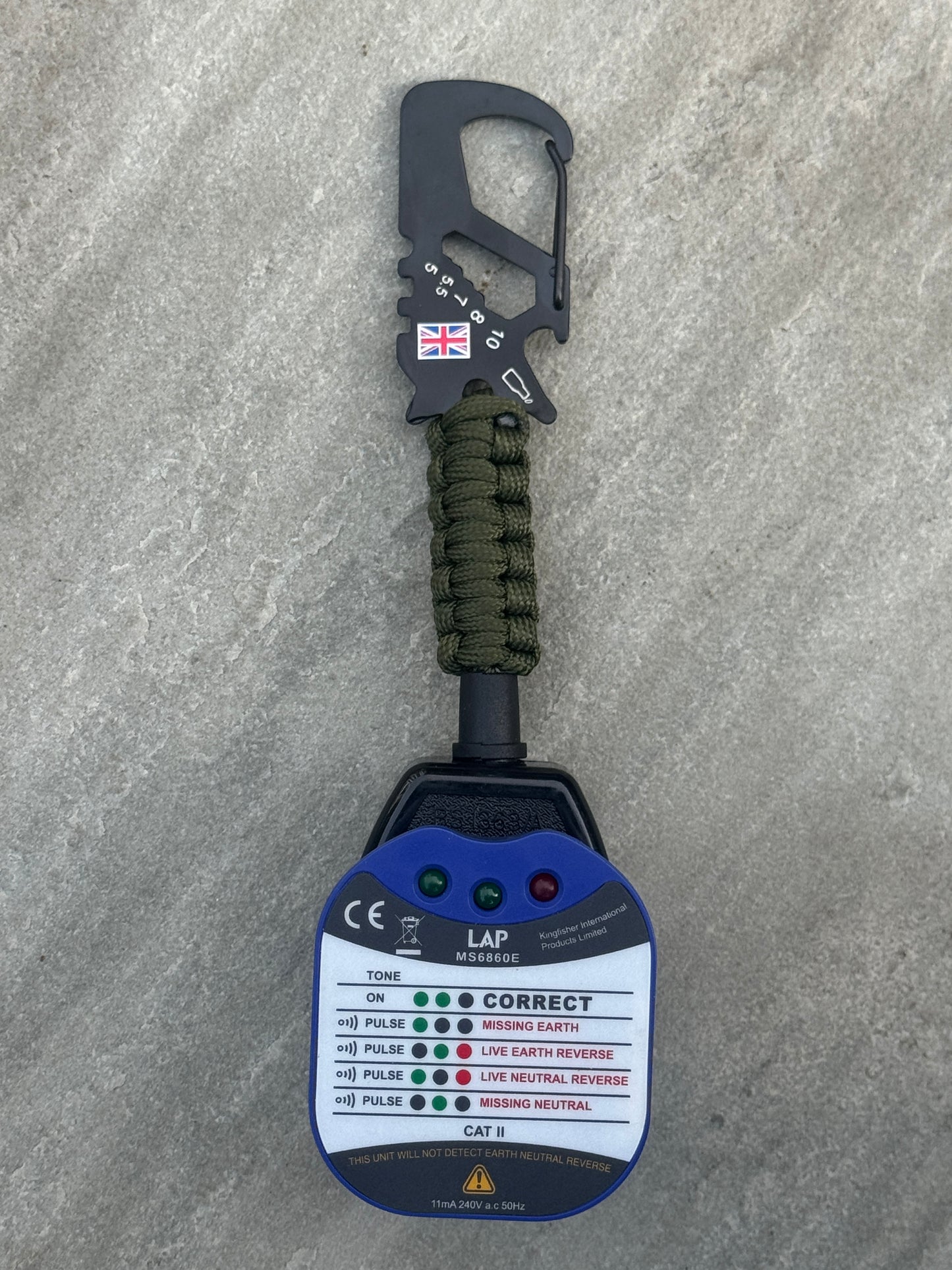 Professional Socket Tester Holder with R1 & R2 Link, Carabiner Clip, Handmade Paracord, Electrician Accessory (Dark Green)