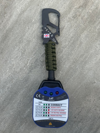 Professional Socket Tester Holder with R1 & R2 Link, Carabiner Clip, Handmade Paracord, Electrician Accessory (Dark Green)